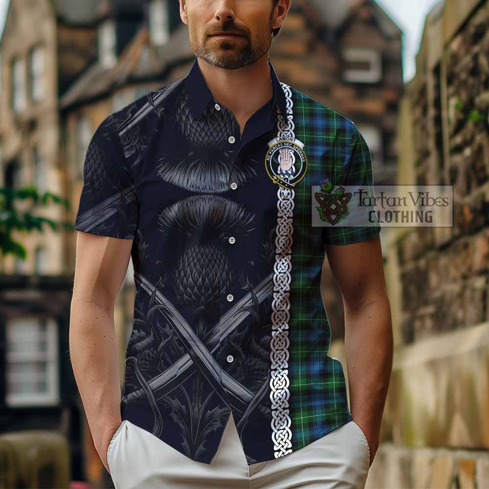 Tartan Vibes Clothing Lamont Tartan Short Sleeve Button Shirt with Family Crest Cross Sword Thistle Celtic Vibes