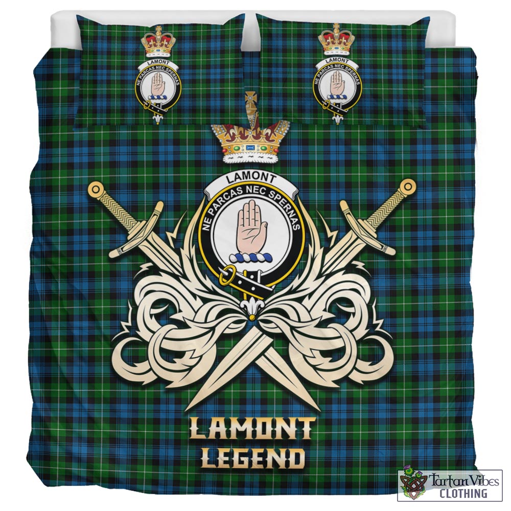 Tartan Vibes Clothing Lamont Tartan Bedding Set with Clan Crest and the Golden Sword of Courageous Legacy