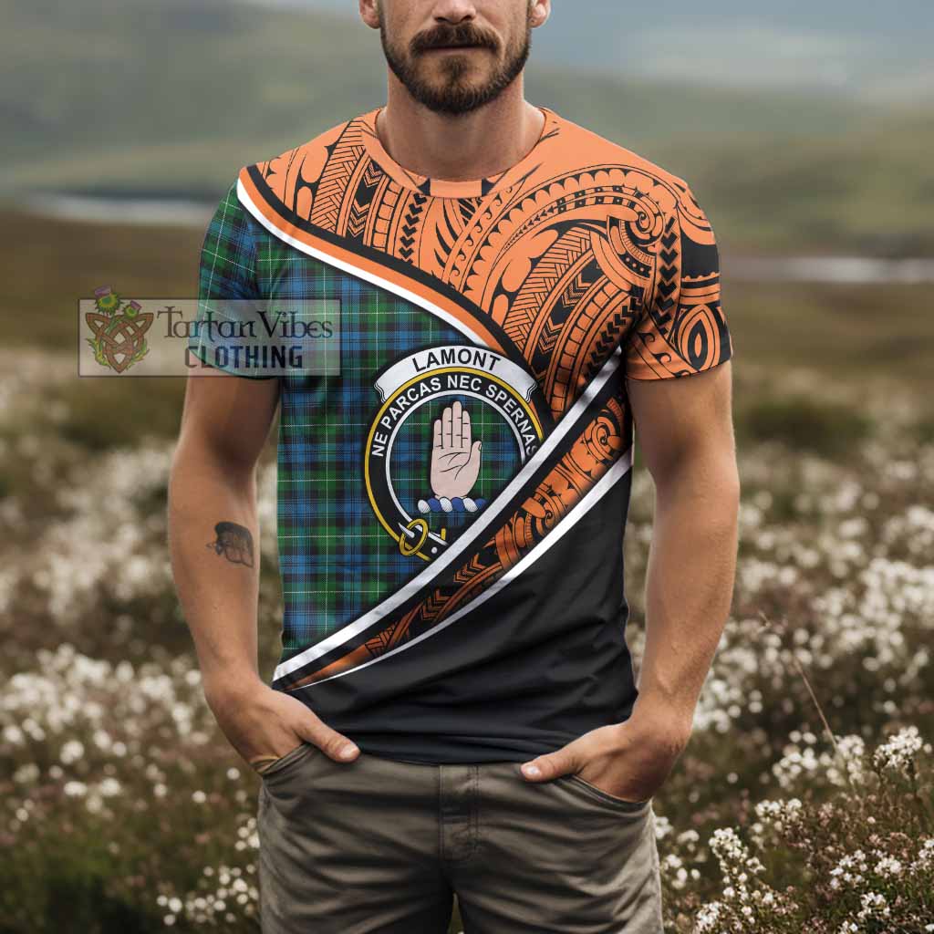 Tartan Vibes Clothing Lamont Crest Tartan T-Shirt with Maori Tattoo Style - Orange Version