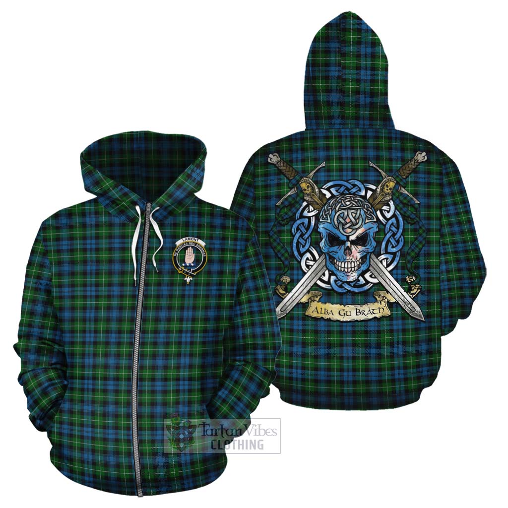 Tartan Vibes Clothing Lamont Tartan Cotton Hoodie with Family Crest Celtic Skull Style