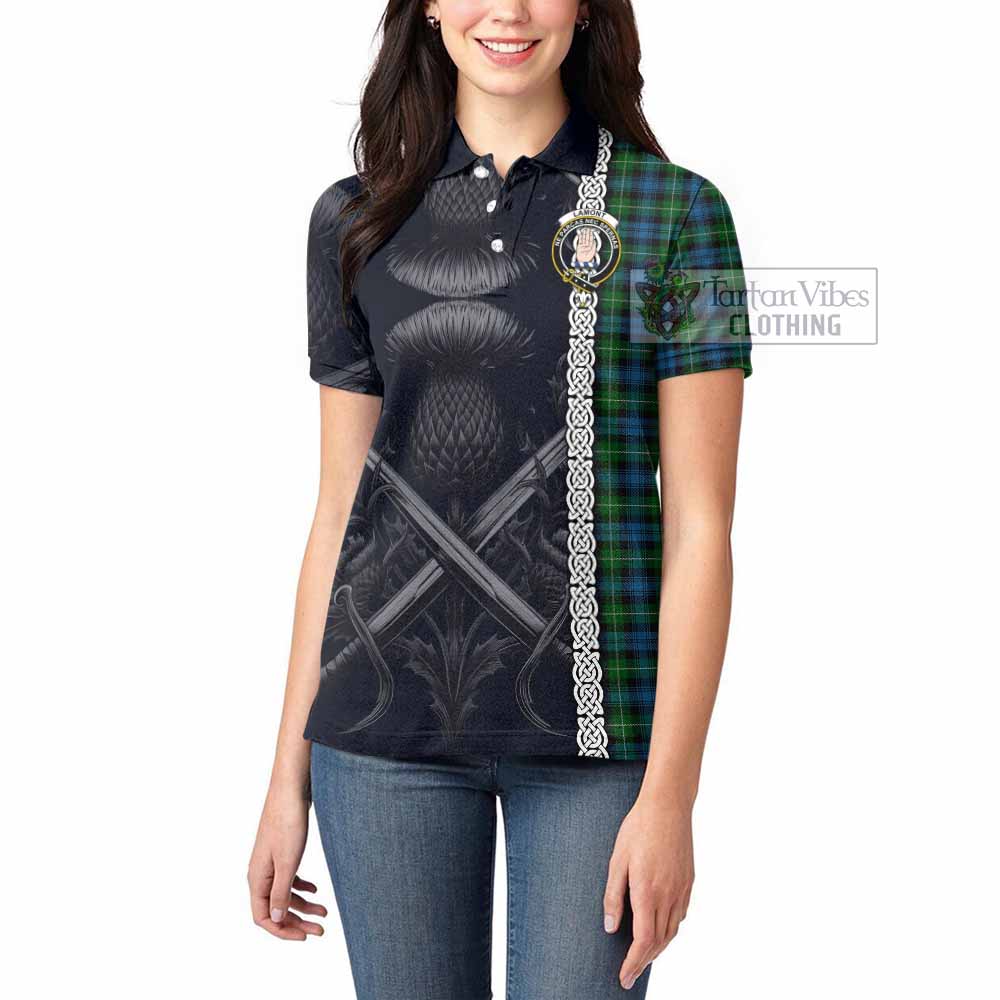 Tartan Vibes Clothing Lamont Tartan Women's Polo Shirt with Family Crest Cross Sword Thistle Celtic Vibes