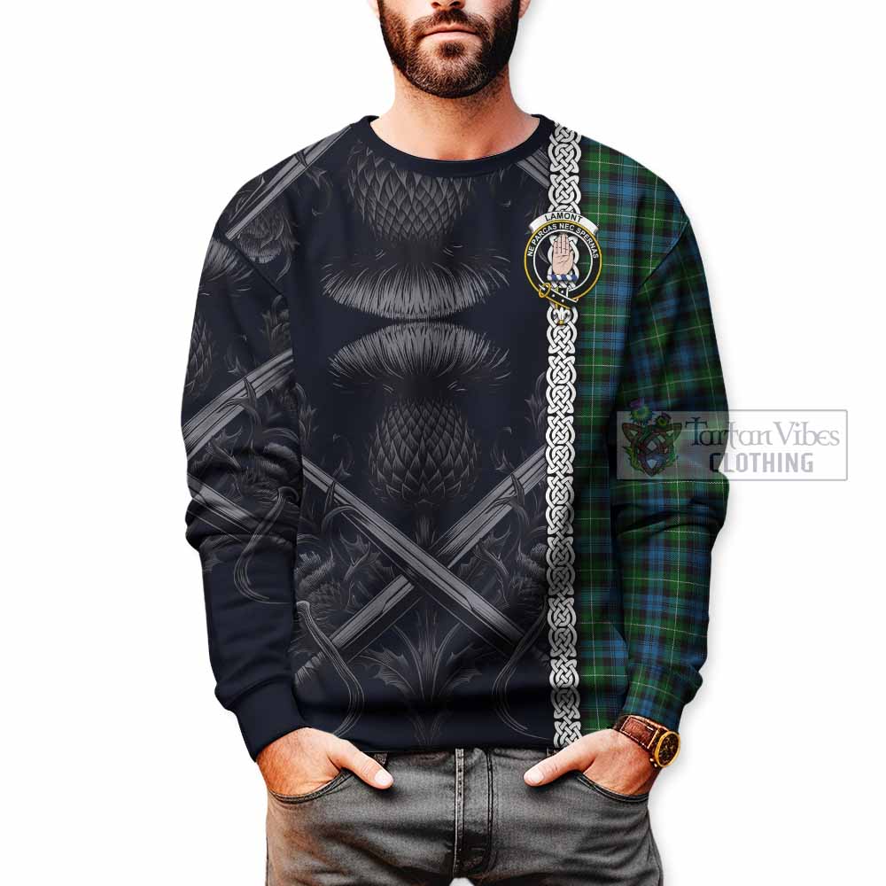 Tartan Vibes Clothing Lamont Tartan Sweatshirt with Family Crest Cross Sword Thistle Celtic Vibes