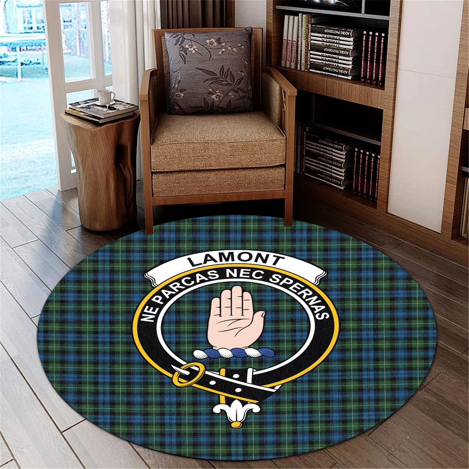 lamont-tartan-round-rug-with-family-crest