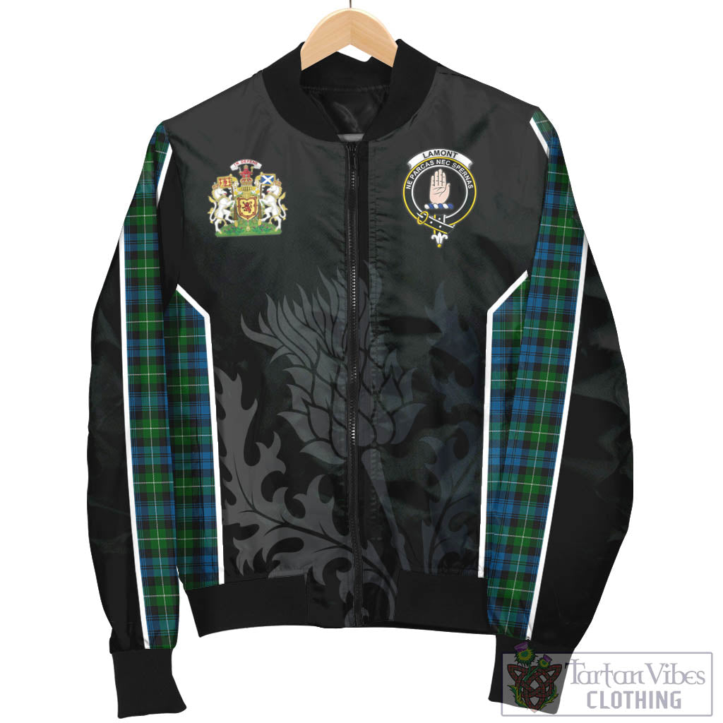 Tartan Vibes Clothing Lamont Tartan Bomber Jacket with Family Crest and Scottish Thistle Vibes Sport Style