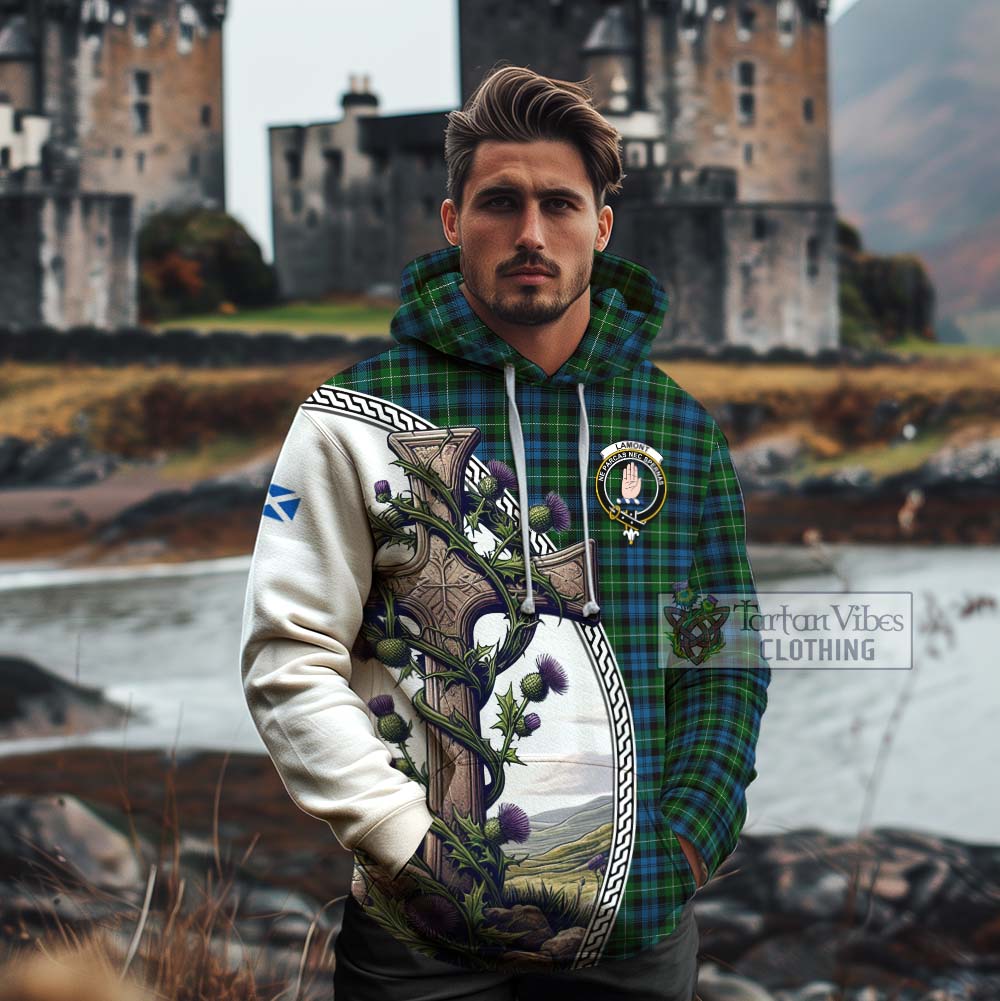 Tartan Vibes Clothing Lamont Tartan Cotton Hoodie with Family Crest and St. Andrew's Cross Accented by Thistle Vines