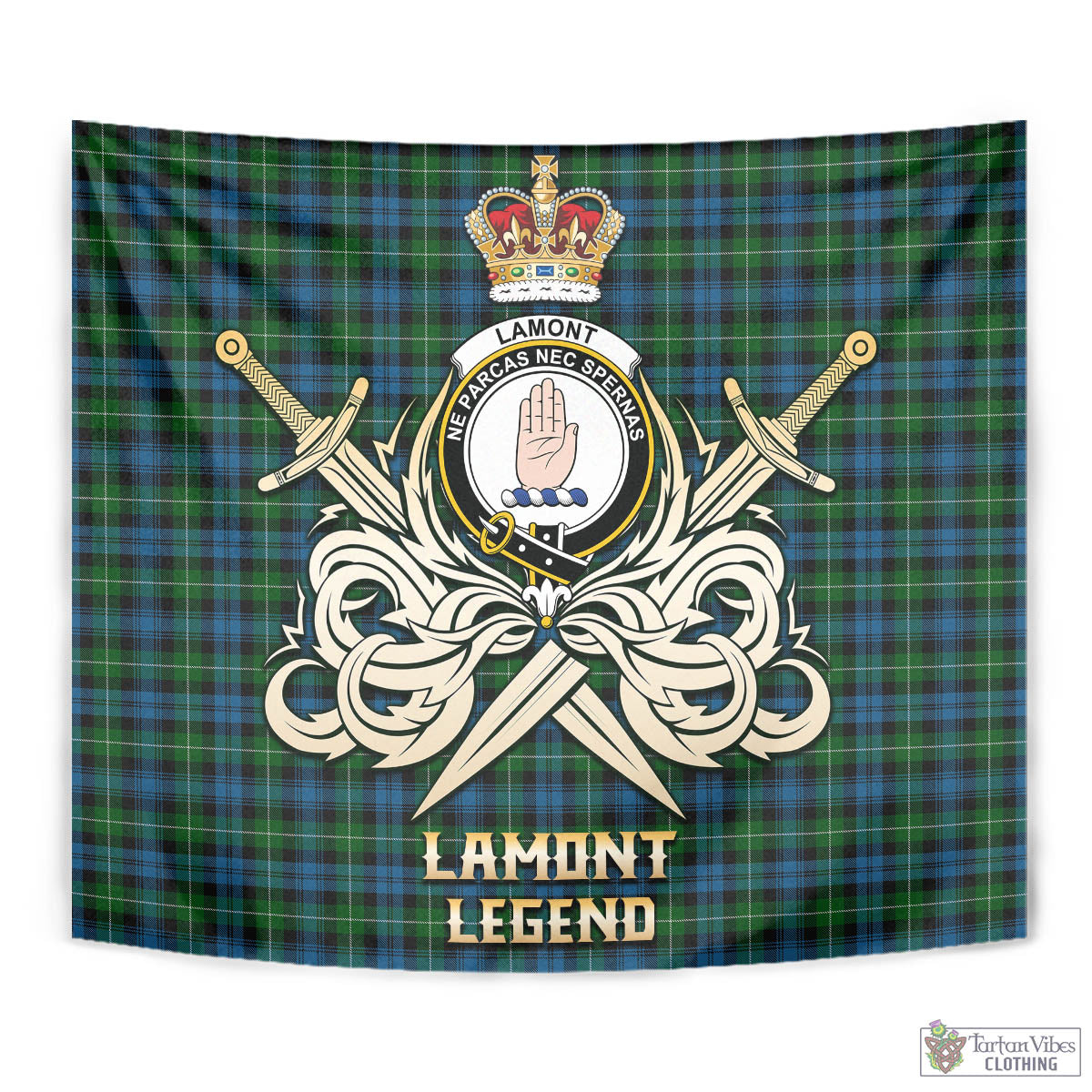 Tartan Vibes Clothing Lamont Tartan Tapestry with Clan Crest and the Golden Sword of Courageous Legacy