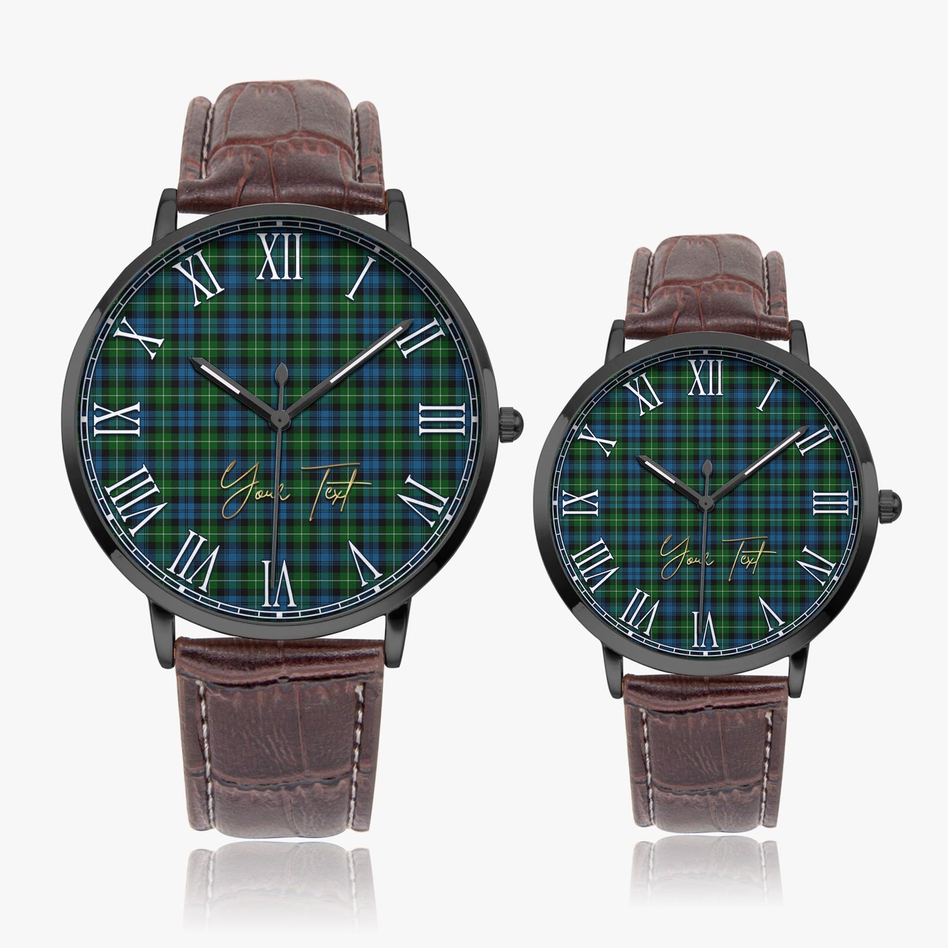 Lamont Tartan Personalized Your Text Leather Trap Quartz Watch Ultra Thin Black Case With Brown Leather Strap - Tartanvibesclothing