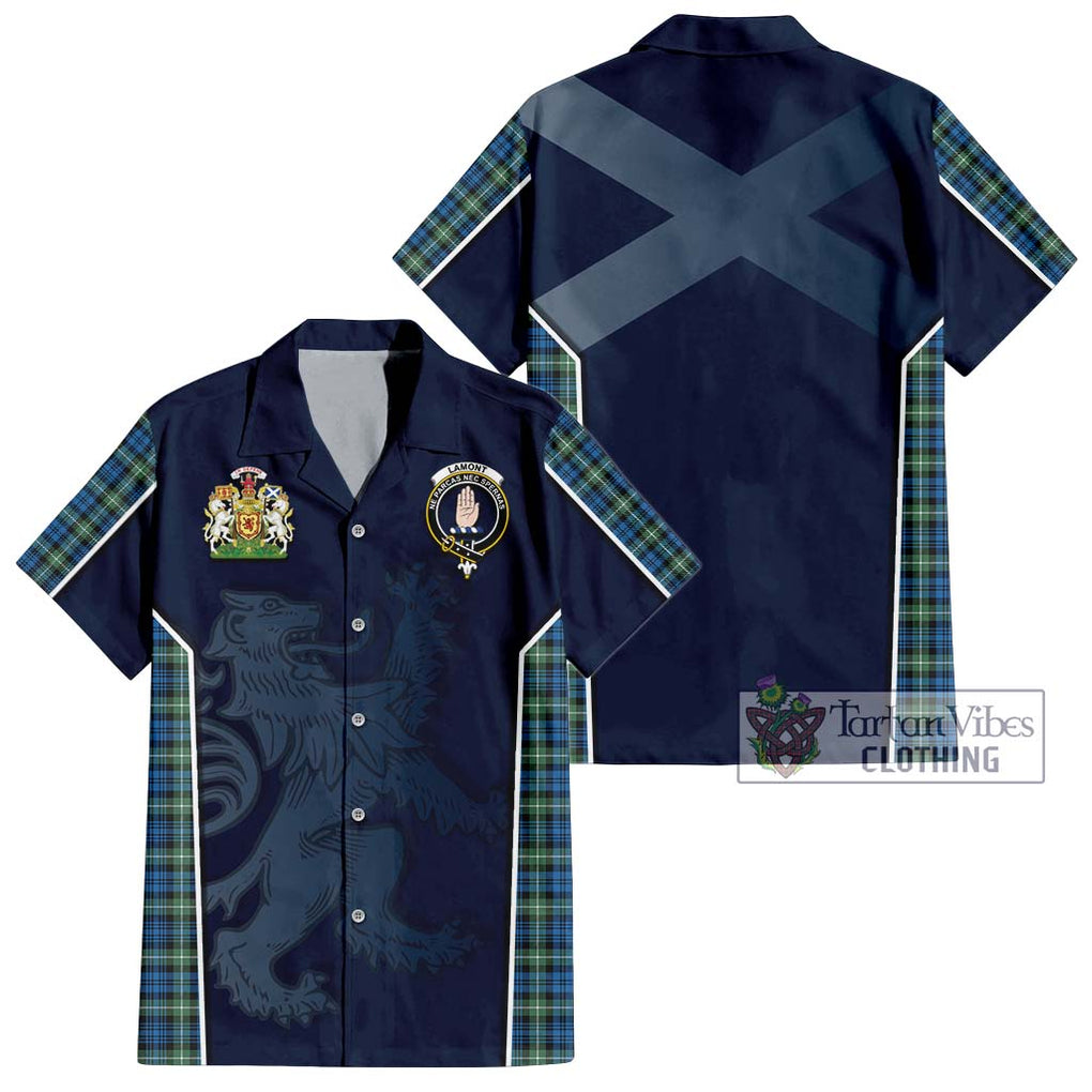 Lamont Ancient Tartan Short Sleeve Button Shirt with Family Crest and Lion Rampant Vibes Sport Style Kid - Tartan Vibes Clothing