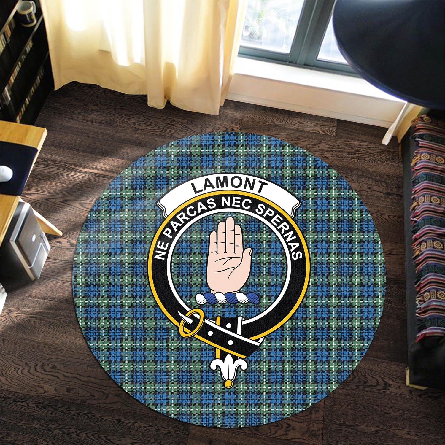 lamont-ancient-tartan-round-rug-with-family-crest