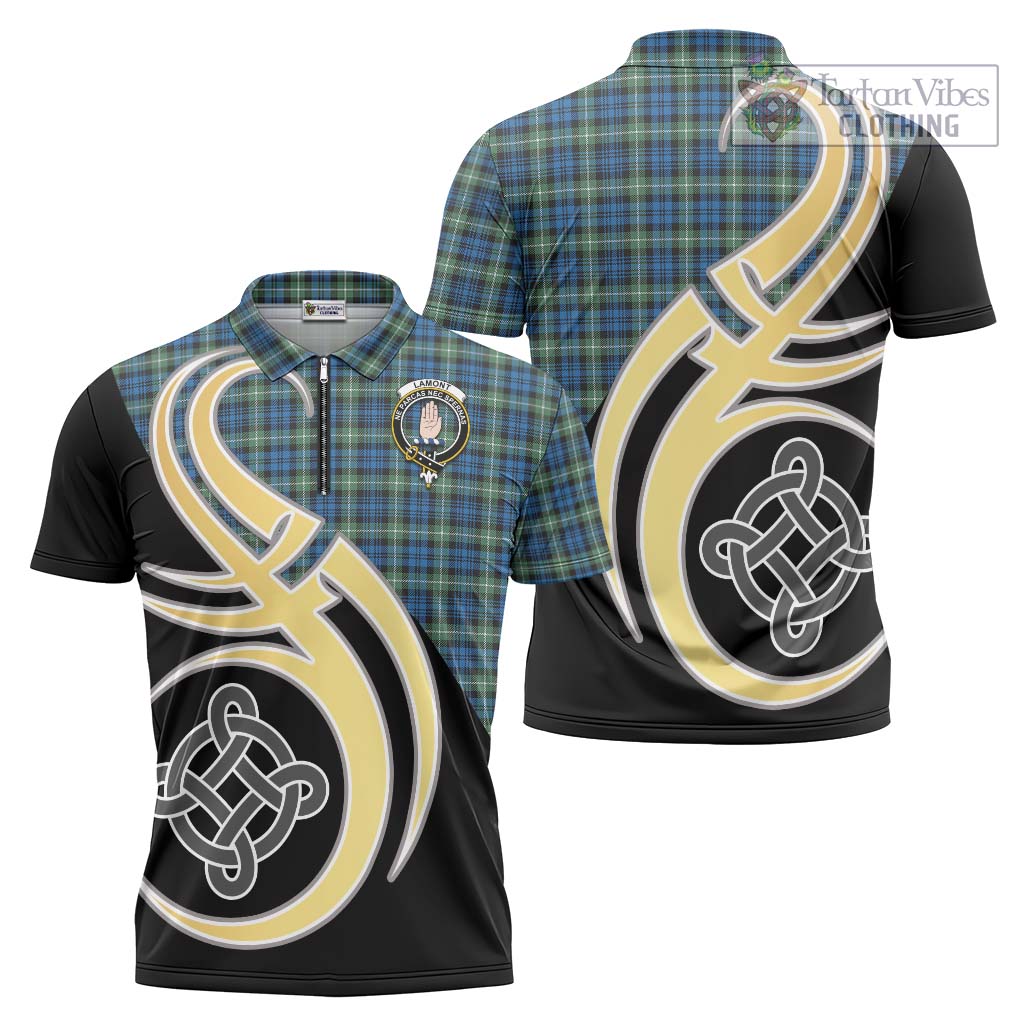 Tartan Vibes Clothing Lamont Ancient Tartan Zipper Polo Shirt with Family Crest and Celtic Symbol Style