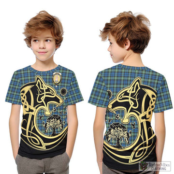 Lamont Ancient Tartan Kid T-Shirt with Family Crest Celtic Wolf Style