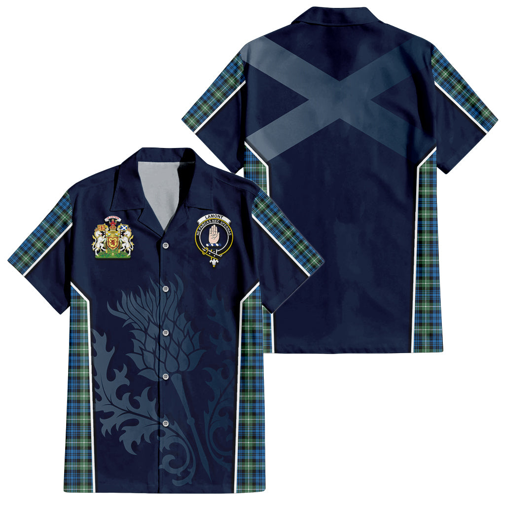 Tartan Vibes Clothing Lamont Ancient Tartan Short Sleeve Button Up Shirt with Family Crest and Scottish Thistle Vibes Sport Style