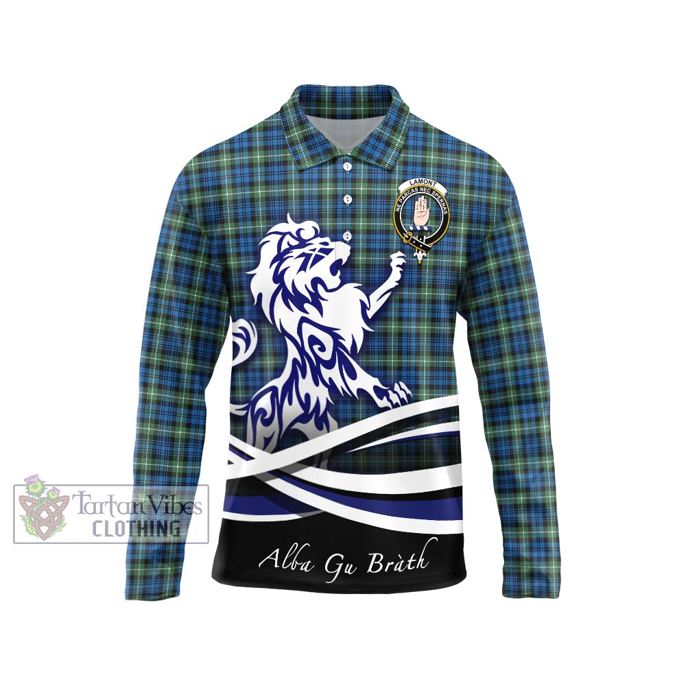 Lamont Ancient Tartan Long Sleeve Polo Shirt with Alba Gu Brath Regal Lion Emblem Unisex - Tartanvibesclothing Shop