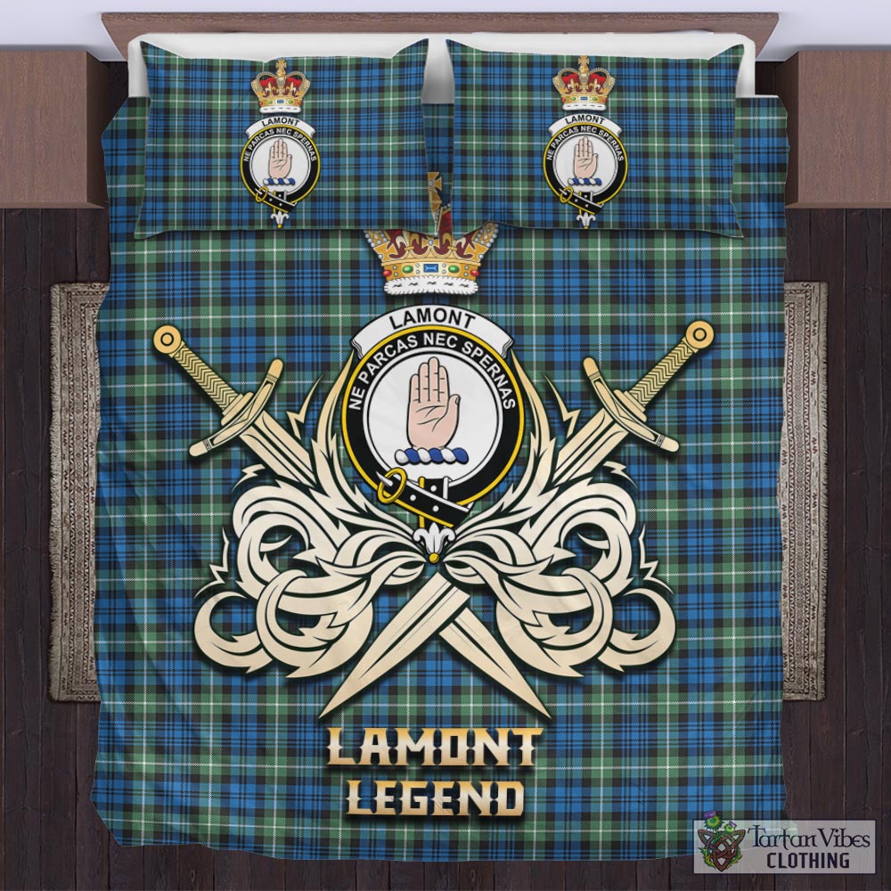 Tartan Vibes Clothing Lamont Ancient Tartan Bedding Set with Clan Crest and the Golden Sword of Courageous Legacy