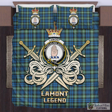 Lamont Ancient Tartan Bedding Set with Clan Crest and the Golden Sword of Courageous Legacy