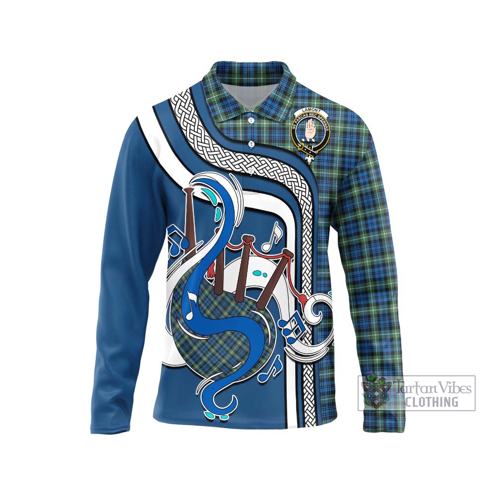 Tartan Vibes Clothing Lamont Ancient Tartan Long Sleeve Polo Shirt with Epic Bagpipe Style