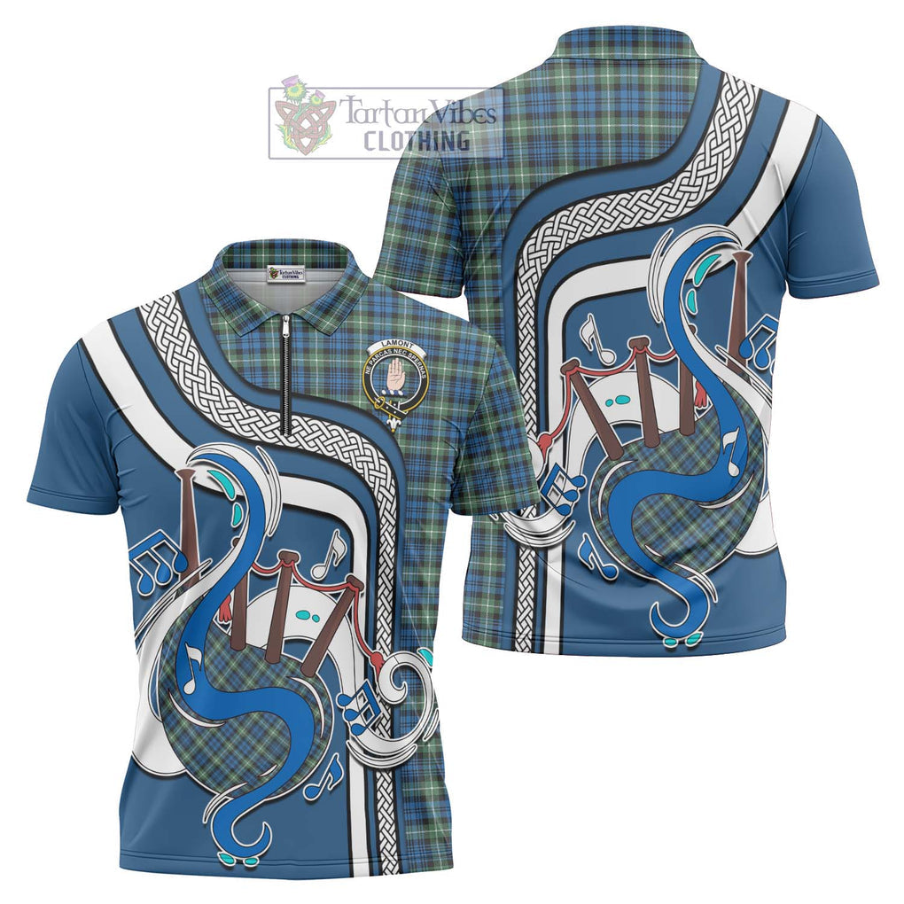 Lamont Ancient Tartan Zipper Polo Shirt with Epic Bagpipe Style Unisex - Tartanvibesclothing Shop