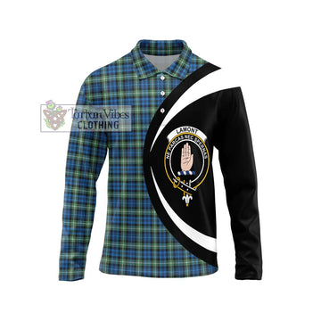 Lamont Ancient Tartan Long Sleeve Polo Shirt with Family Crest Circle Style