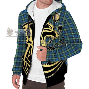 Lamont Ancient Tartan Sherpa Hoodie with Family Crest Celtic Wolf Style