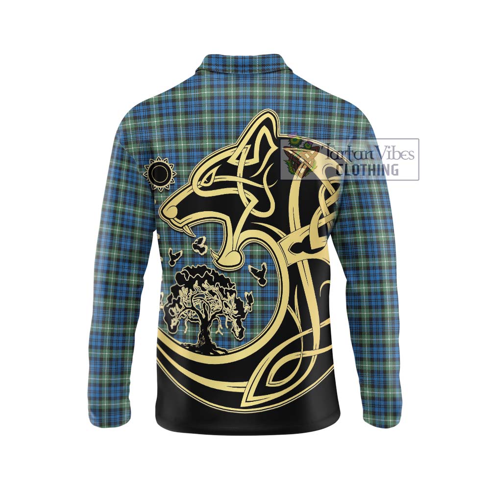 Lamont Ancient Tartan Long Sleeve Polo Shirt with Family Crest Celtic Wolf Style - Tartanvibesclothing Shop