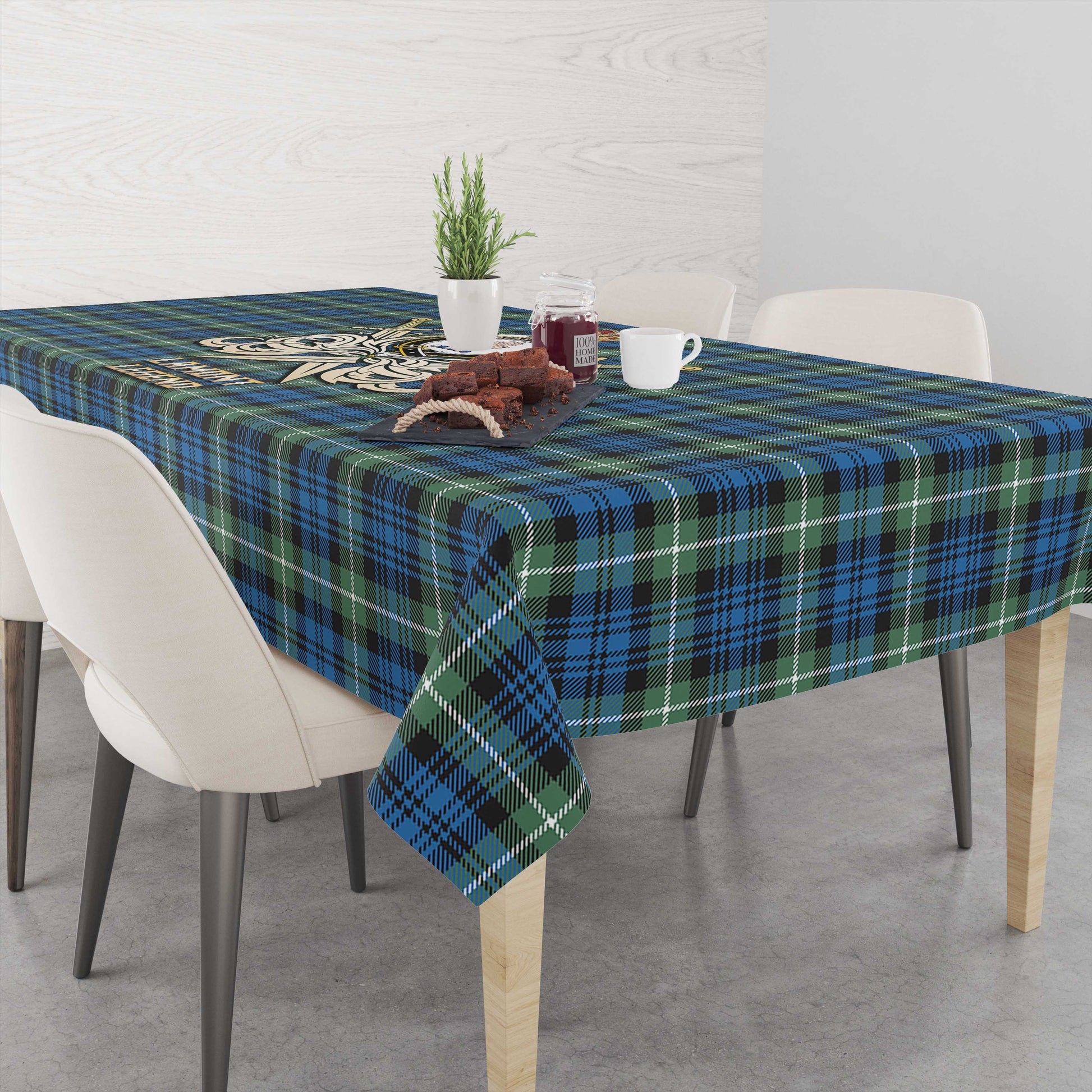 Tartan Vibes Clothing Lamont Ancient Tartan Tablecloth with Clan Crest and the Golden Sword of Courageous Legacy