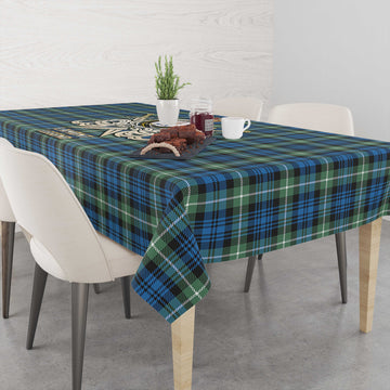 Lamont Ancient Tartan Tablecloth with Clan Crest and the Golden Sword of Courageous Legacy