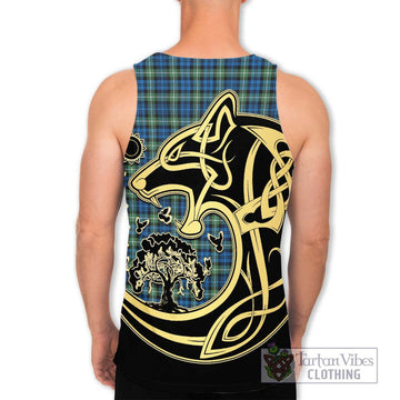 Lamont Ancient Tartan Men's Tank Top with Family Crest Celtic Wolf Style