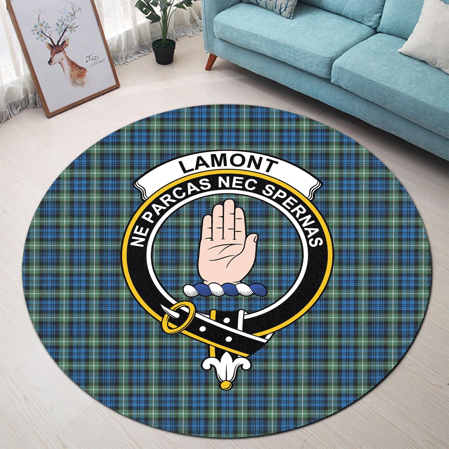 lamont-ancient-tartan-round-rug-with-family-crest