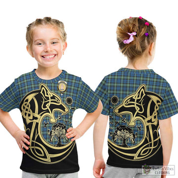 Lamont Ancient Tartan Kid T-Shirt with Family Crest Celtic Wolf Style