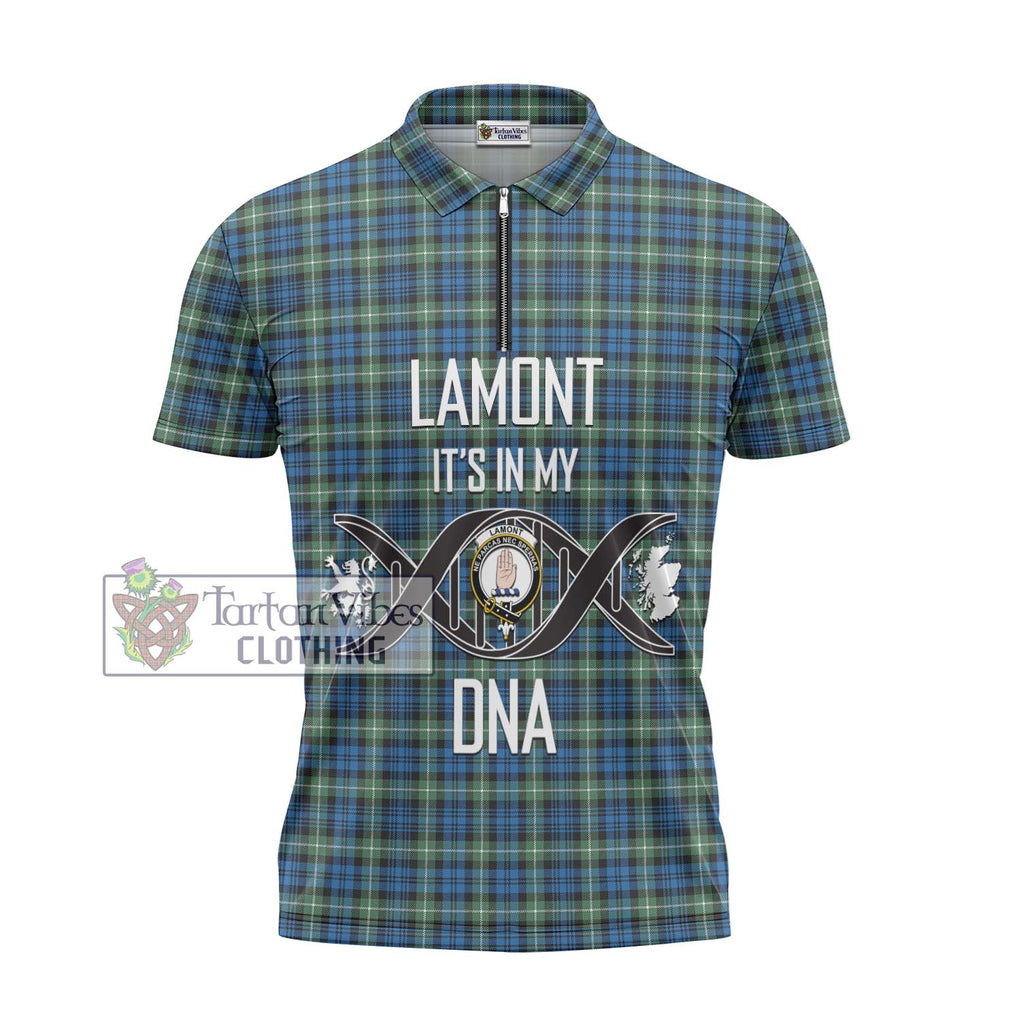 Lamont Ancient Tartan Zipper Polo Shirt with Family Crest DNA In Me Style - Tartanvibesclothing Shop