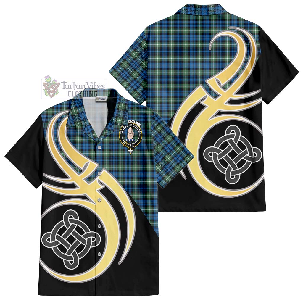 Lamont Ancient Tartan Short Sleeve Button Shirt with Family Crest and Celtic Symbol Style - Tartan Vibes Clothing