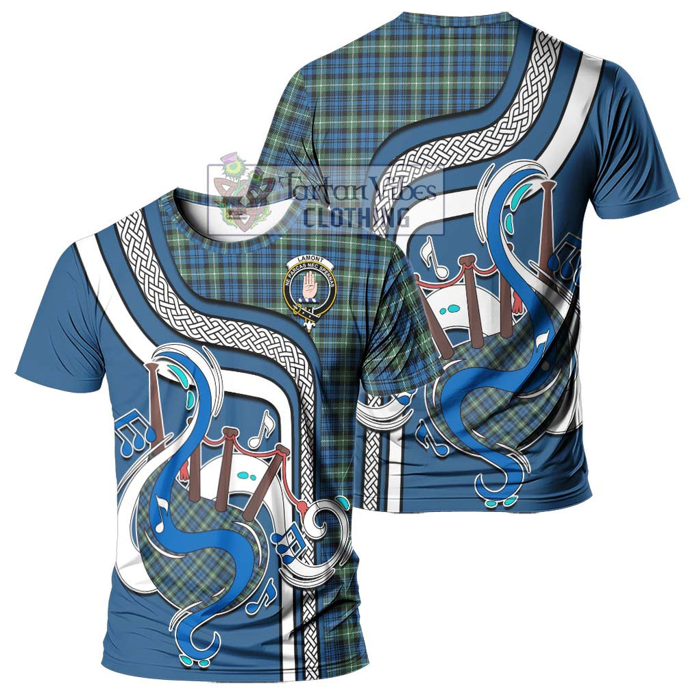 Lamont Ancient Tartan T-Shirt with Epic Bagpipe Style - Tartanvibesclothing Shop