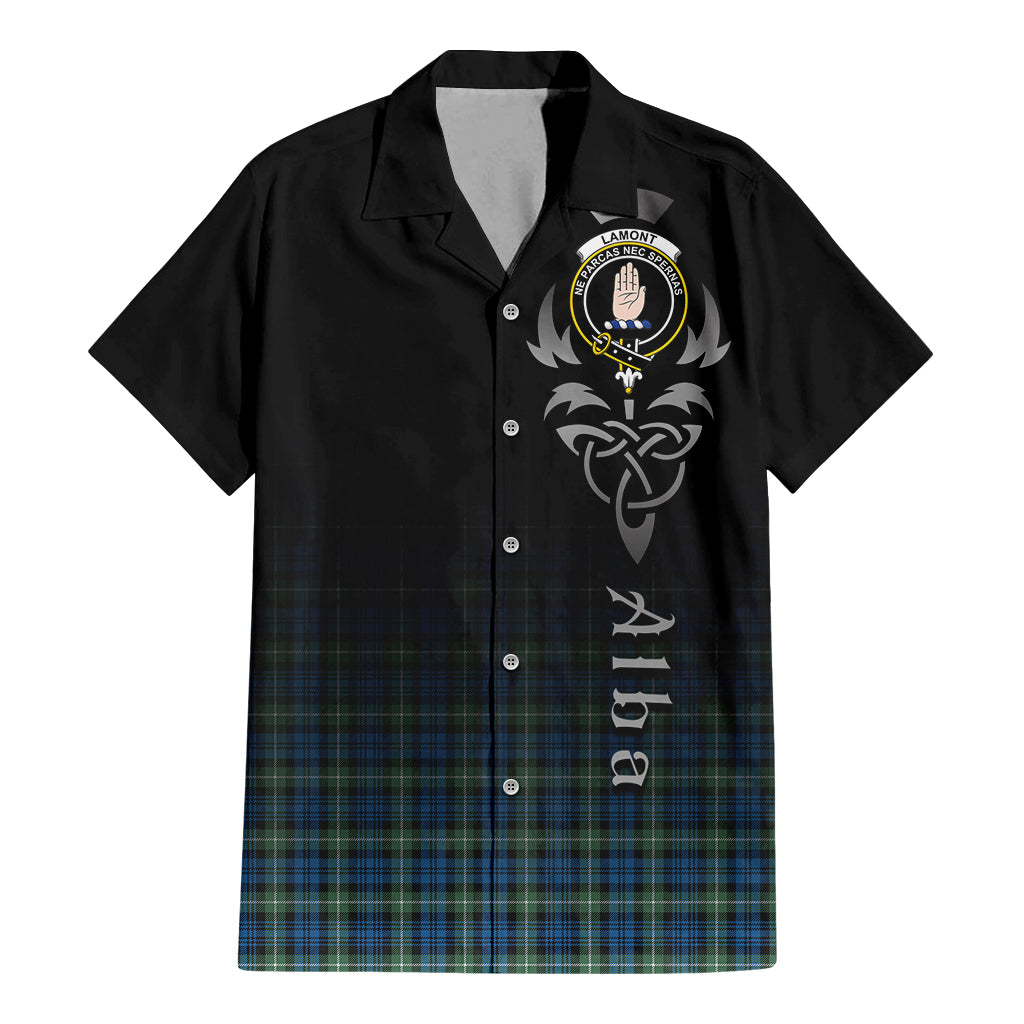 Tartan Vibes Clothing Lamont Ancient Tartan Short Sleeve Button Up Featuring Alba Gu Brath Family Crest Celtic Inspired