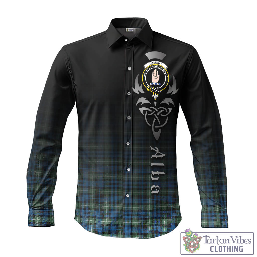 Tartan Vibes Clothing Lamont Ancient Tartan Long Sleeve Button Up Featuring Alba Gu Brath Family Crest Celtic Inspired