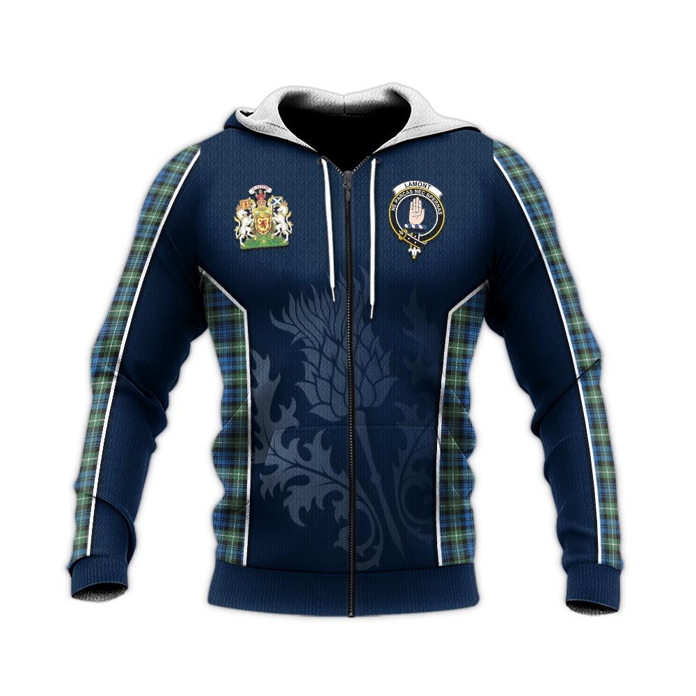 Tartan Vibes Clothing Lamont Ancient Tartan Knitted Hoodie with Family Crest and Scottish Thistle Vibes Sport Style