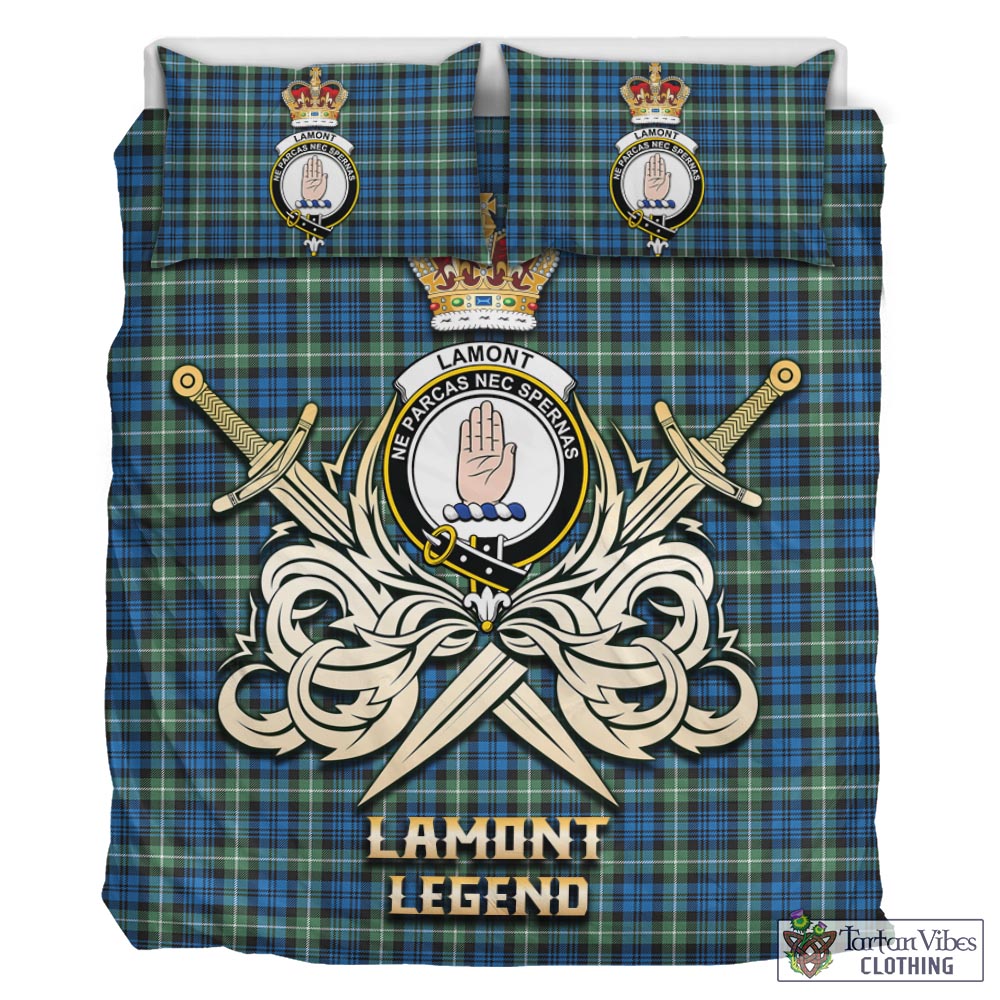 Tartan Vibes Clothing Lamont Ancient Tartan Bedding Set with Clan Crest and the Golden Sword of Courageous Legacy