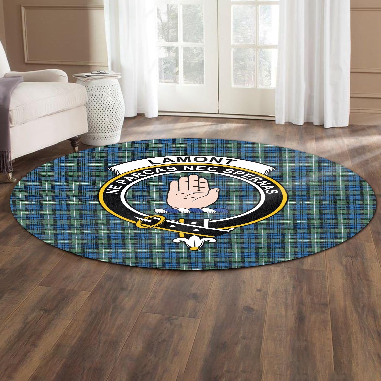 lamont-ancient-tartan-round-rug-with-family-crest