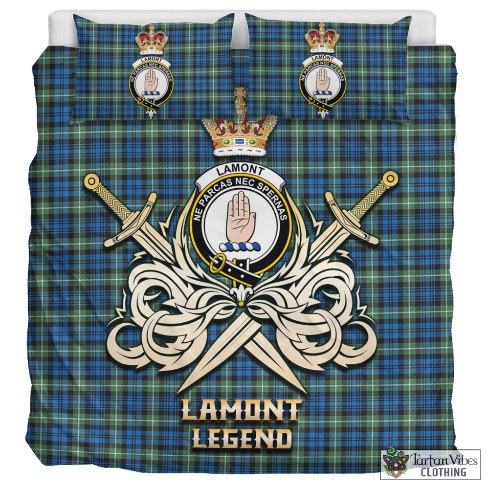 Tartan Vibes Clothing Lamont Ancient Tartan Bedding Set with Clan Crest and the Golden Sword of Courageous Legacy