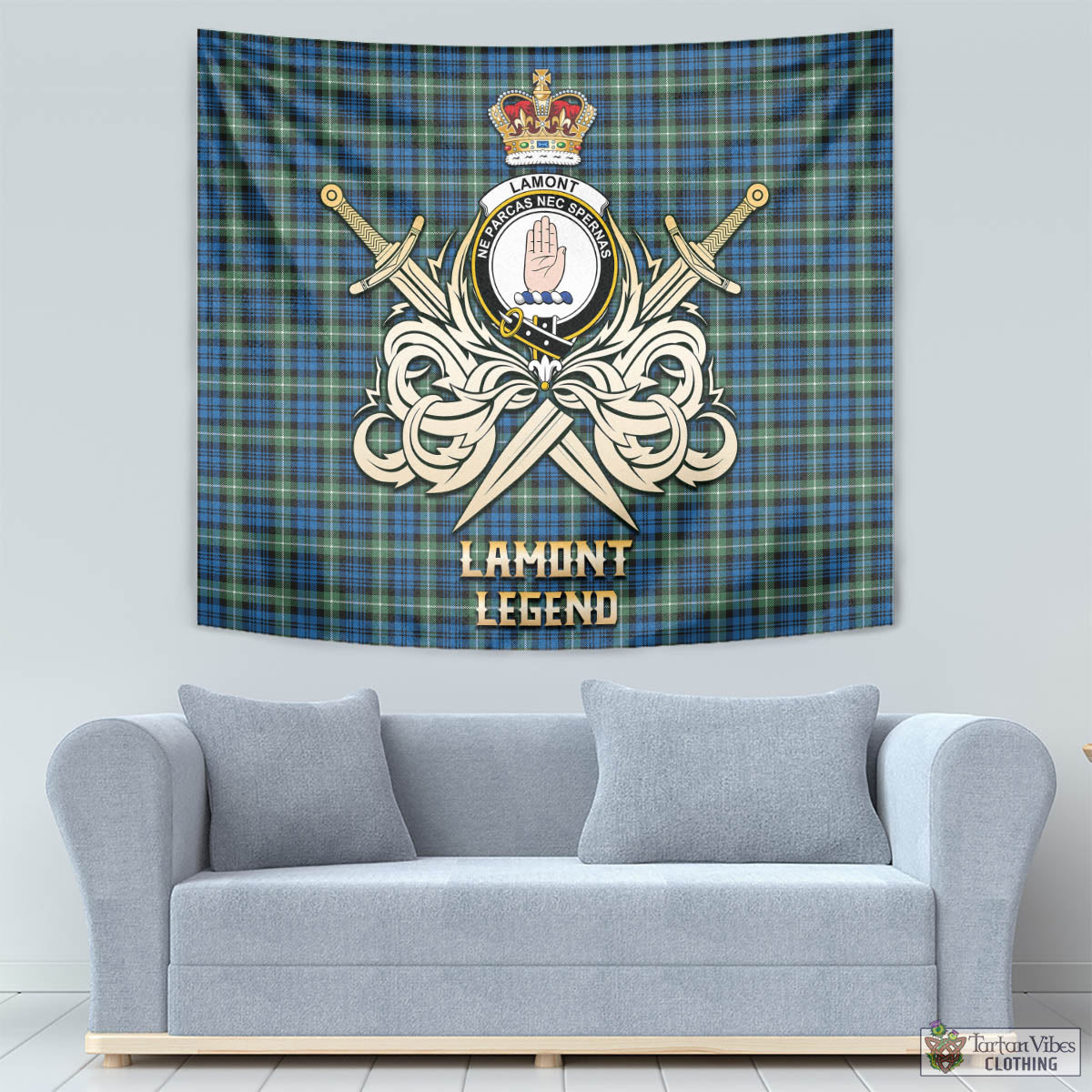 Tartan Vibes Clothing Lamont Ancient Tartan Tapestry with Clan Crest and the Golden Sword of Courageous Legacy