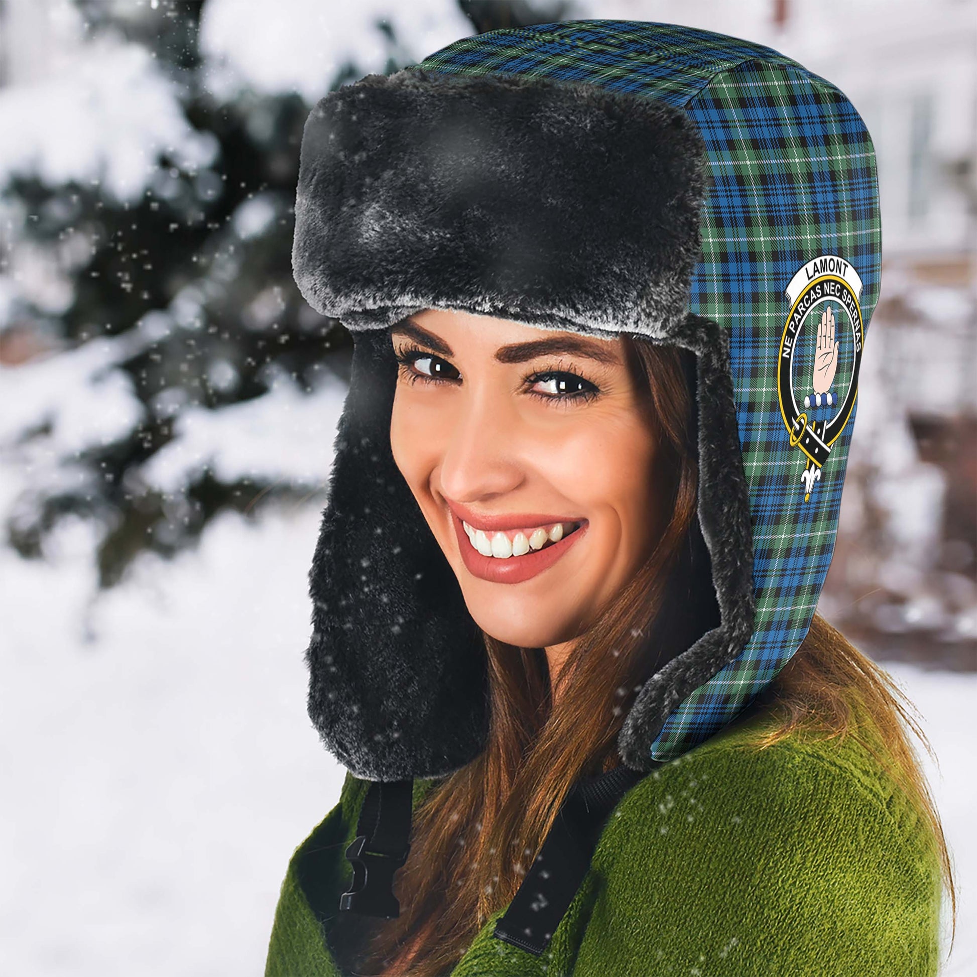 Lamont Ancient Tartan Winter Trapper Hat with Family Crest - Tartanvibesclothing