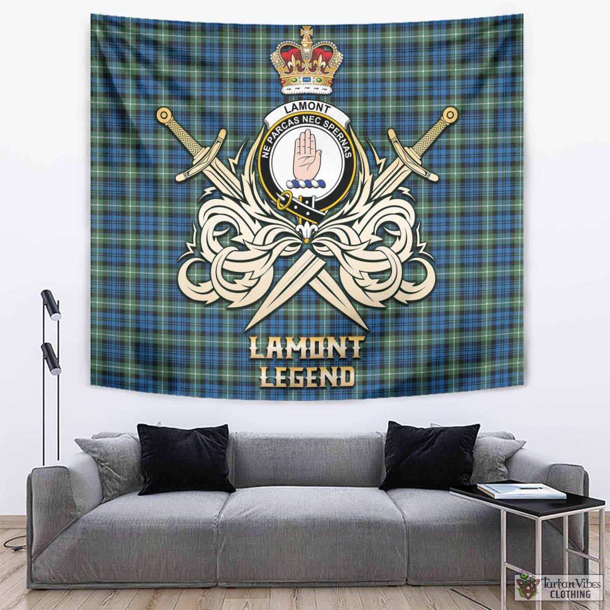 Tartan Vibes Clothing Lamont Ancient Tartan Tapestry with Clan Crest and the Golden Sword of Courageous Legacy