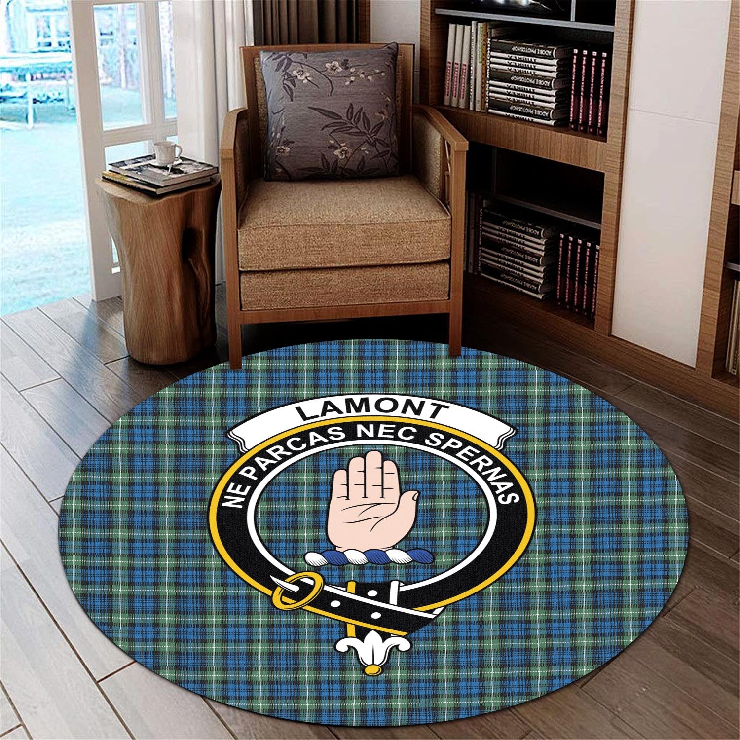 lamont-ancient-tartan-round-rug-with-family-crest