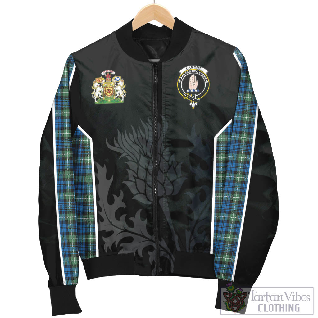 Tartan Vibes Clothing Lamont Ancient Tartan Bomber Jacket with Family Crest and Scottish Thistle Vibes Sport Style