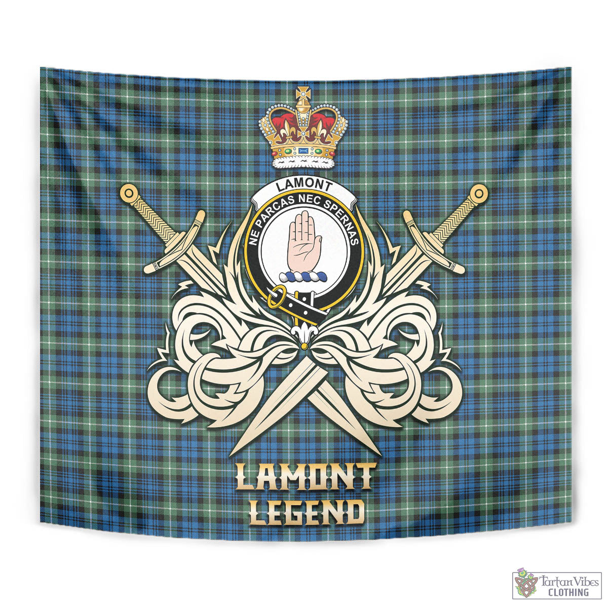 Tartan Vibes Clothing Lamont Ancient Tartan Tapestry with Clan Crest and the Golden Sword of Courageous Legacy