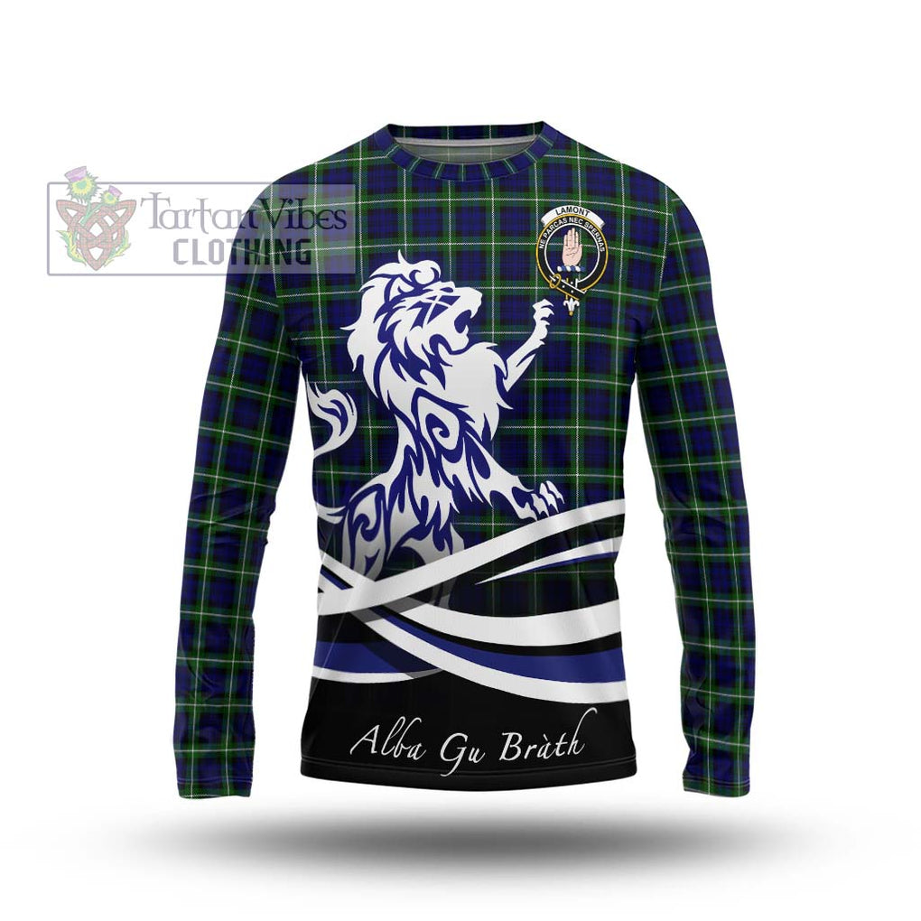 Lamont Modern Tartan Long Sleeve T-Shirt with Alba Gu Brath Regal Lion Emblem Unisex - Tartanvibesclothing Shop