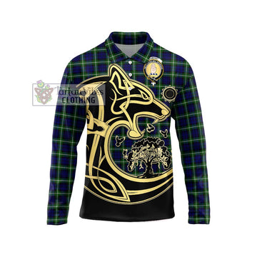 Lamont Modern Tartan Long Sleeve Polo Shirt with Family Crest Celtic Wolf Style