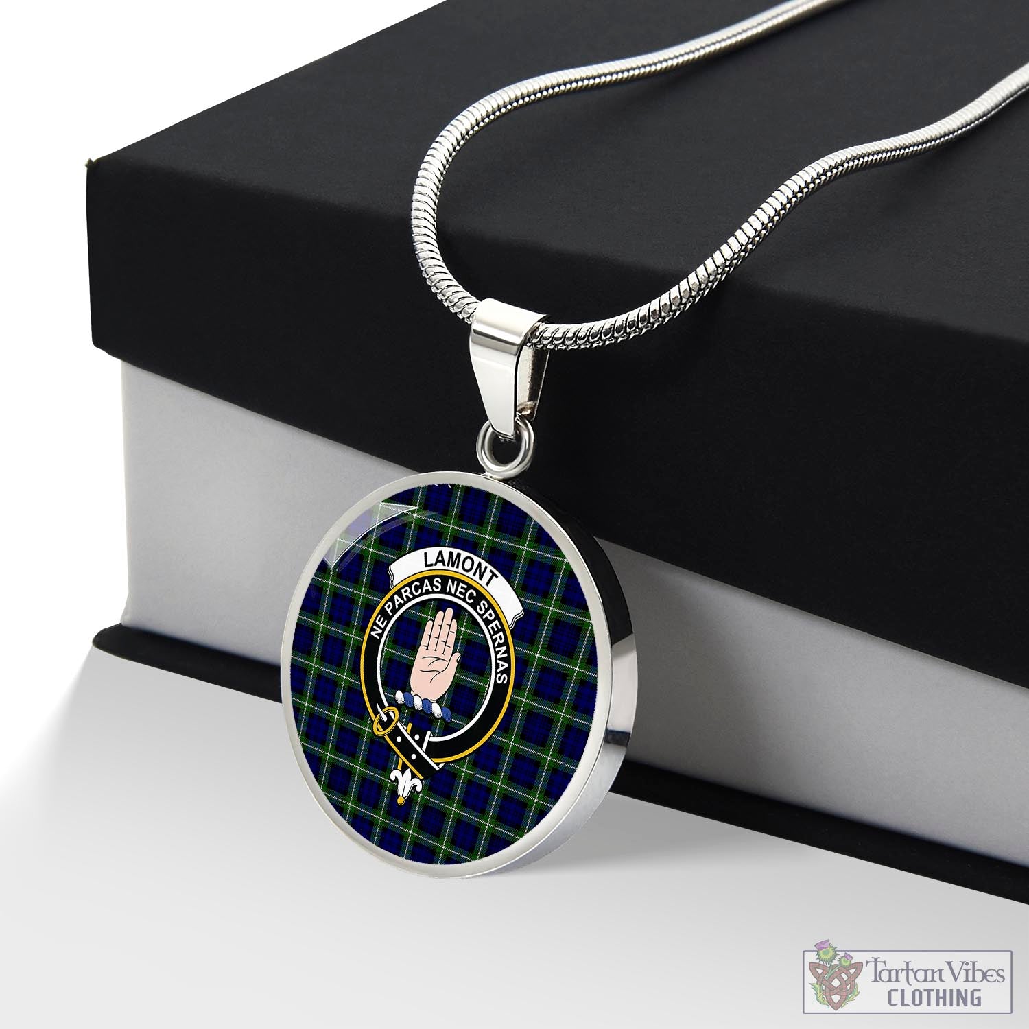 Tartan Vibes Clothing Lamont Modern Tartan Circle Necklace with Family Crest