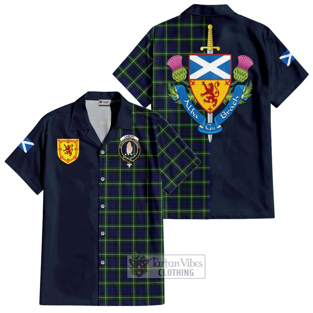 Tartan Vibes Clothing Lamont Modern Tartan Short Sleeve Button Shirt with Scottish Lion Royal Arm Half Style