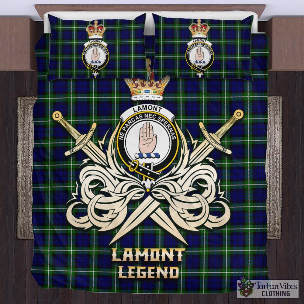 Tartan Vibes Clothing Lamont Modern Tartan Bedding Set with Clan Crest and the Golden Sword of Courageous Legacy