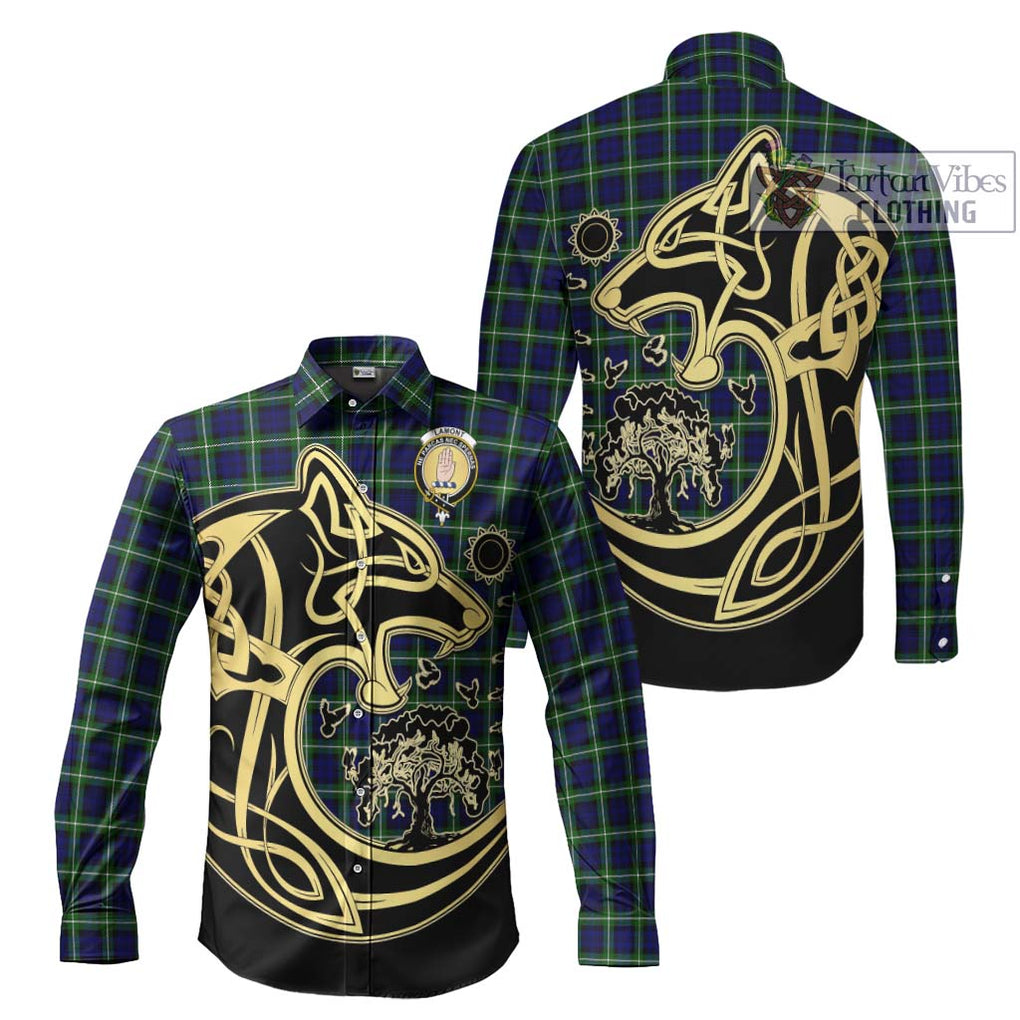 Lamont Modern Tartan Long Sleeve Button Shirt with Family Crest Celtic Wolf Style Men's Shirt S - Tartan Vibes Clothing